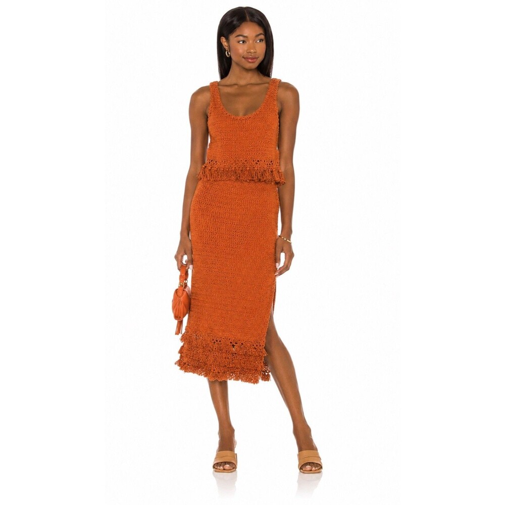 SAYLOR Two-Piece Sweater Knit Skirt/Tank Set Women Sz L Cinnamon Fringe EUC